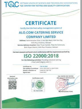 Chứng nhận ISO 22000:2018 của ALOCOM